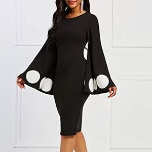 Black Midi Dress with White Dot Bell Sleeves